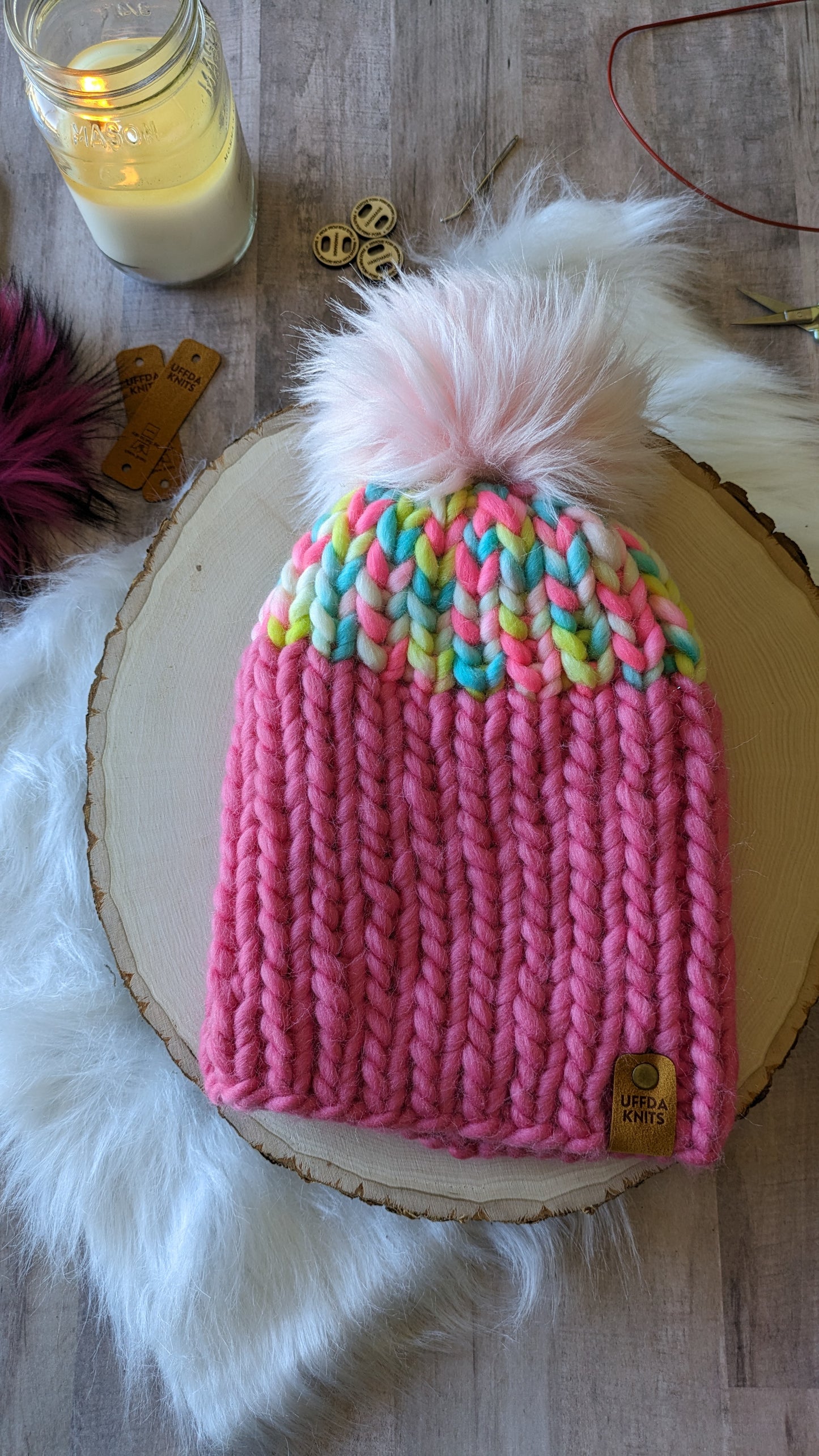 Marshmallow and Pink Ribbed Beanie