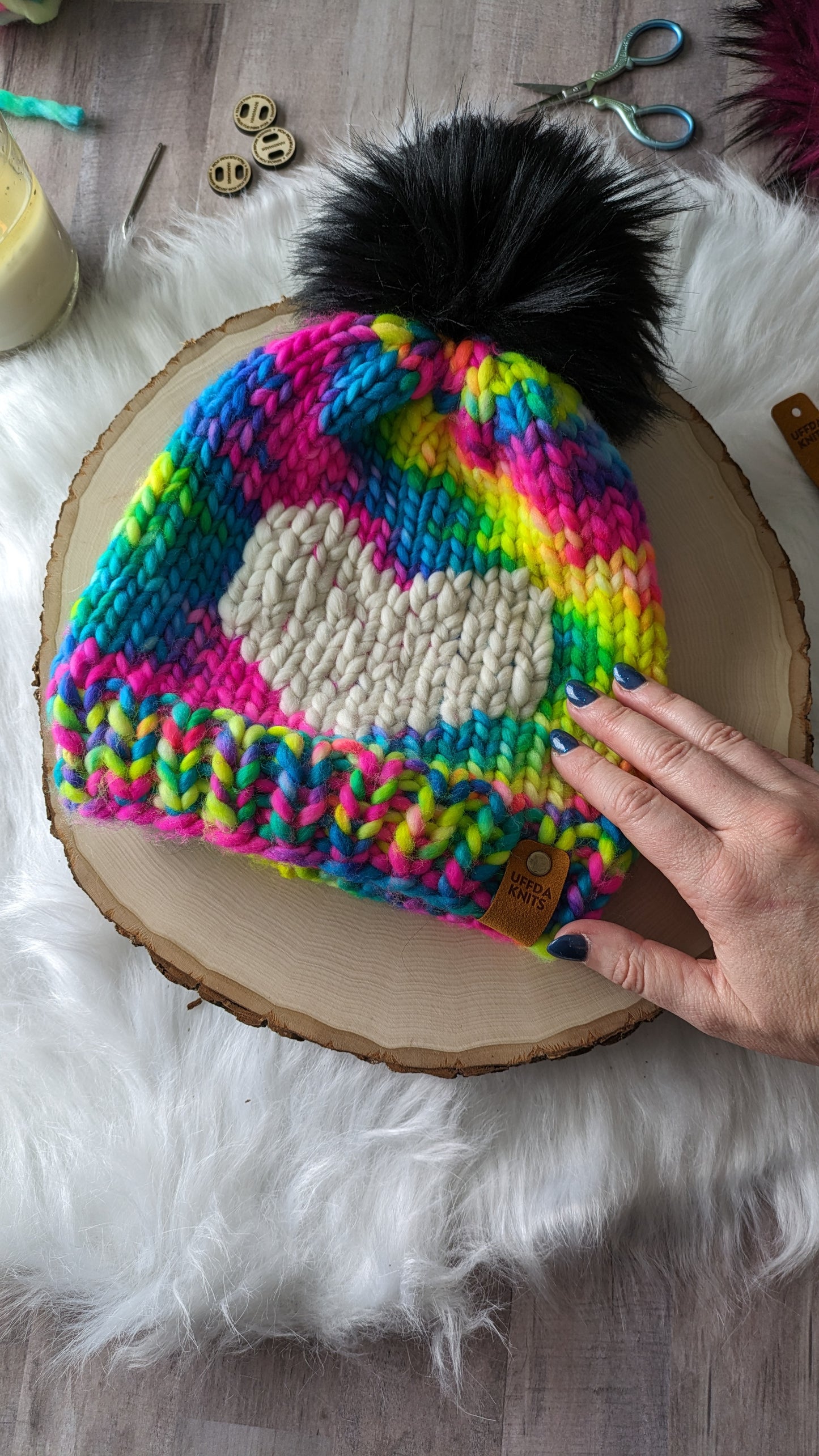 Rainbow Beanie with Cream Heart